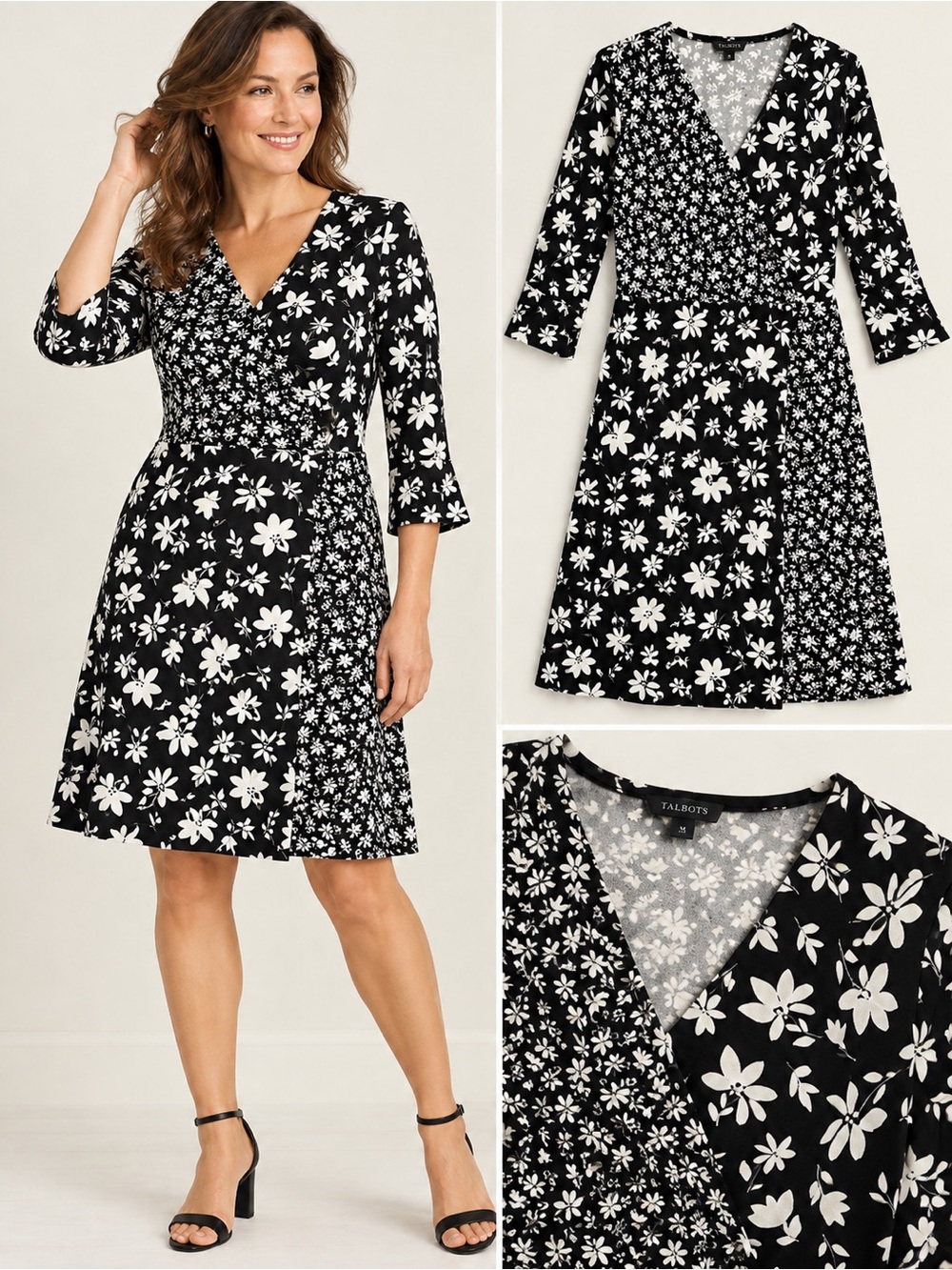 Talbots Black & White Mixed Floral Wrap Midi Dress